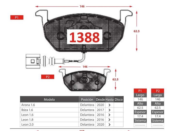 Pastillas de Freno Seat Ibiza 1.6  2017 en adelante Delanteras 2