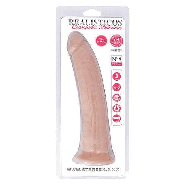 Dildo consolador Bananin 19cm realista con succión sopapo vaginal punto g anal arnés sexual