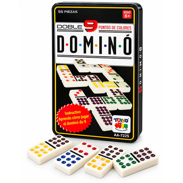 Dominó Doble 6 con Puntos de Colores – 55  Piezas en Caja Metálica