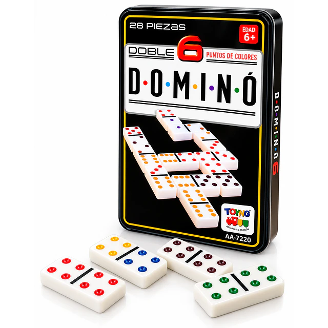 Dominó Doble 6 con Puntos de Colores – 28  Piezas en Caja Metálica