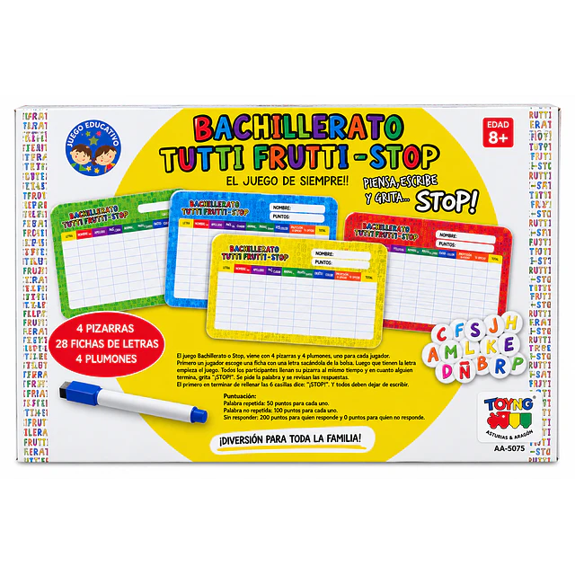 Bachillerato Tutti Frutti Stop – Juego Familiar con 4 Pizarras Reutilizables