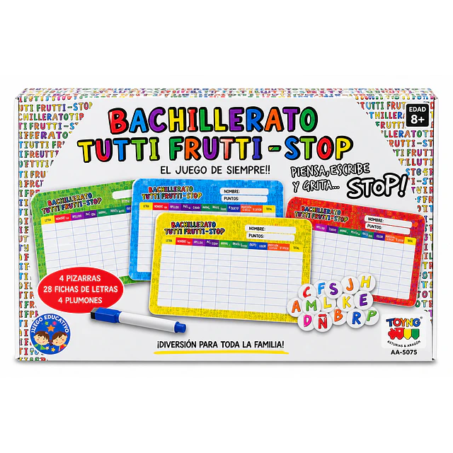 Bachillerato Tutti Frutti Stop – Juego Familiar con 4 Pizarras Reutilizables