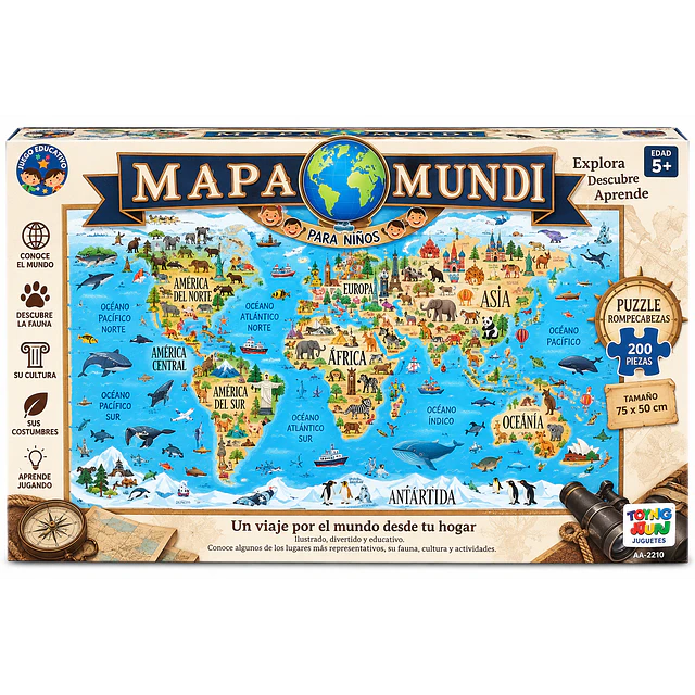 Puzzle Mapa Mundi para Niños – Rompecabezas Educativo 200 Piezas 75 × 50 cm