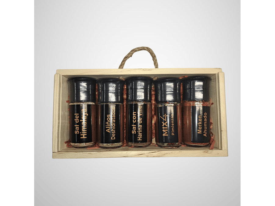 Caja de madera con aliños parrilleros 1