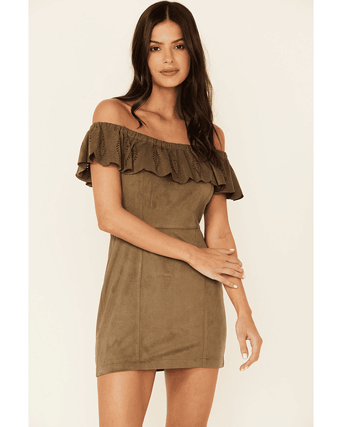 Women's Off-shoulder Olive Faux Suede Dress