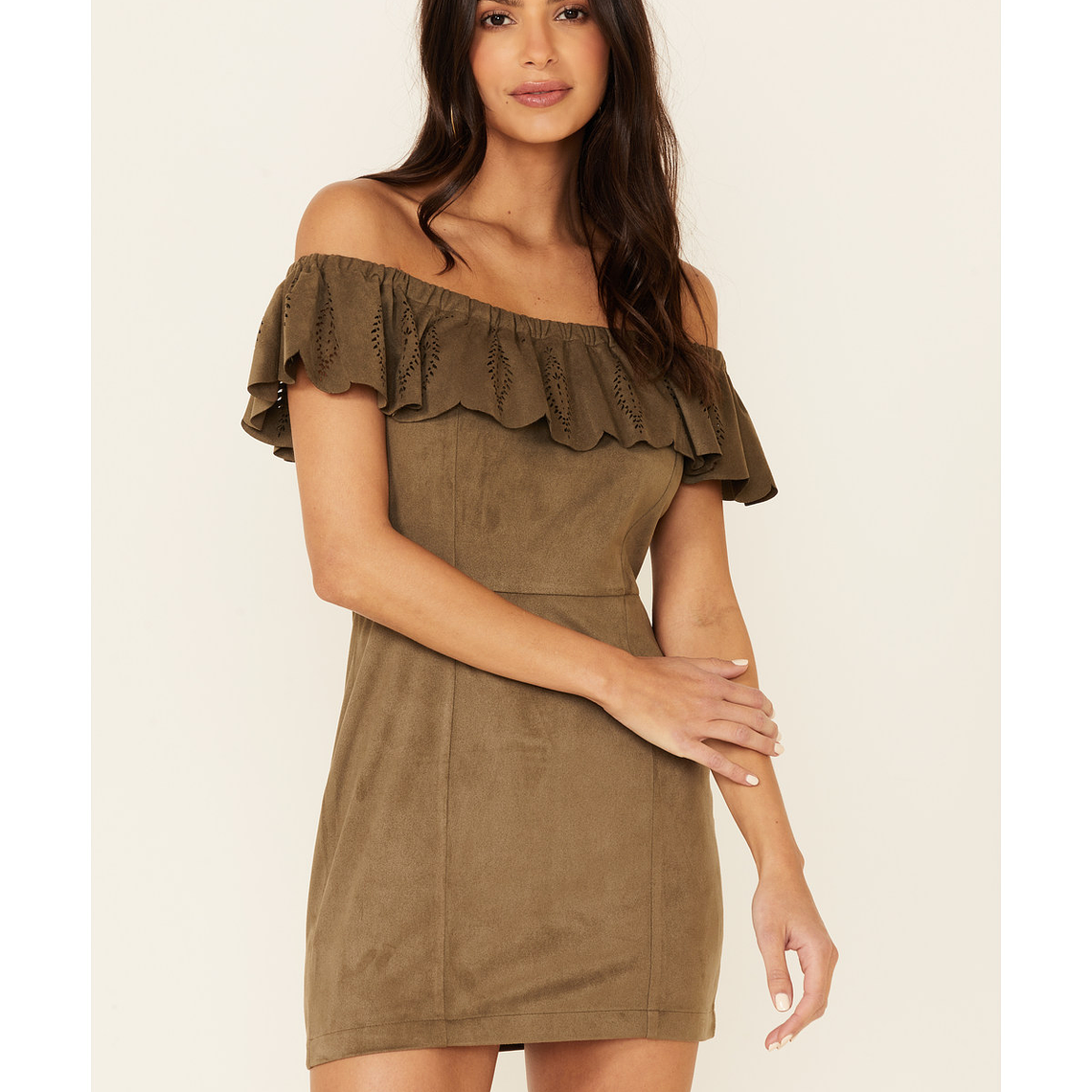Women's Off-shoulder Olive Faux Suede Dress 1