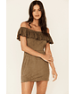 Women's Off-shoulder Olive Faux Suede Dress - thumbnail 1