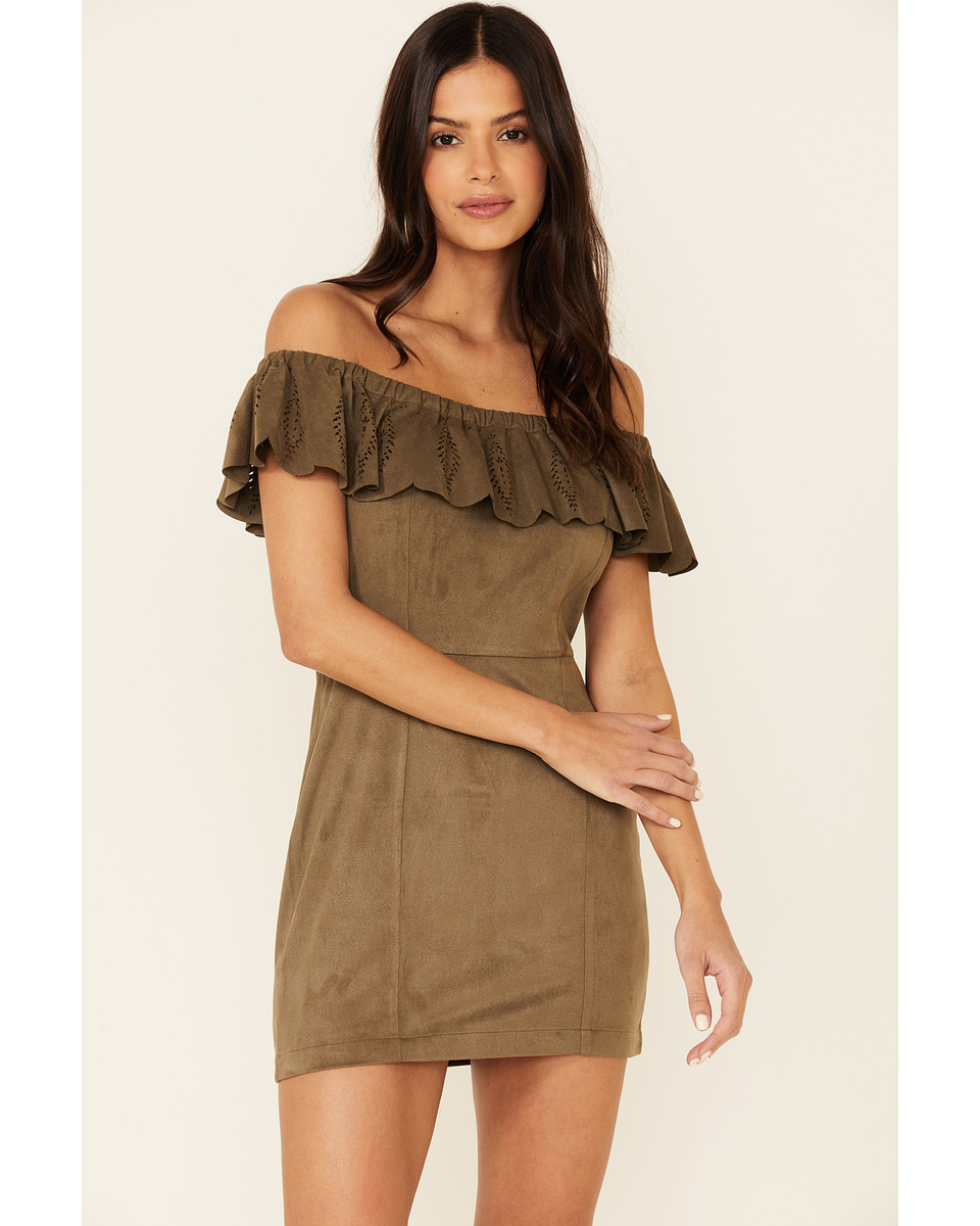 Women's Off-shoulder Olive Faux Suede Dress 1