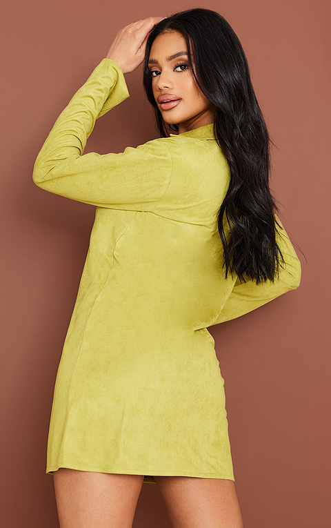 Olive Faux Suede Button Down Shirt Dress