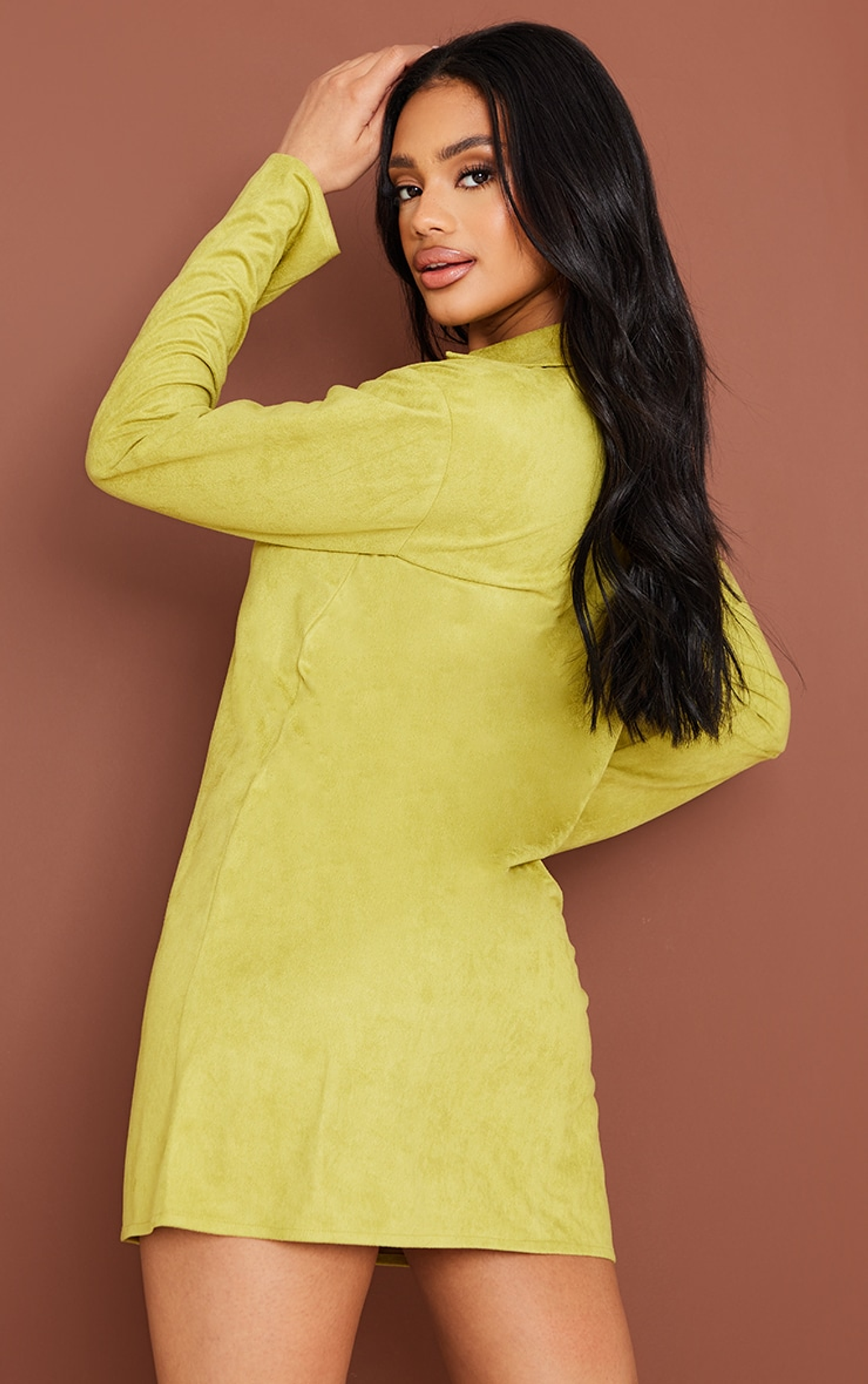 Olive Faux Suede Button Down Shirt Dress 1