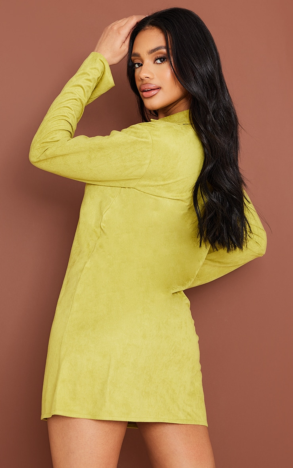 Olive Faux Suede Button Down Shirt Dress 1