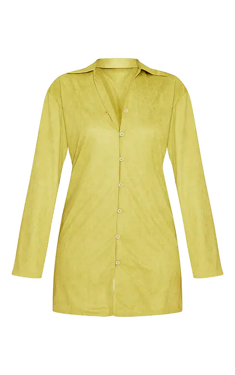Olive Faux Suede Button Down Shirt Dress