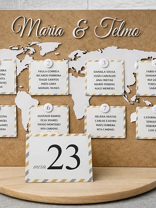 Placar de Distribuição de Mesas – Tema Viagens com Mapa Mundo | Personalizado para Casamento