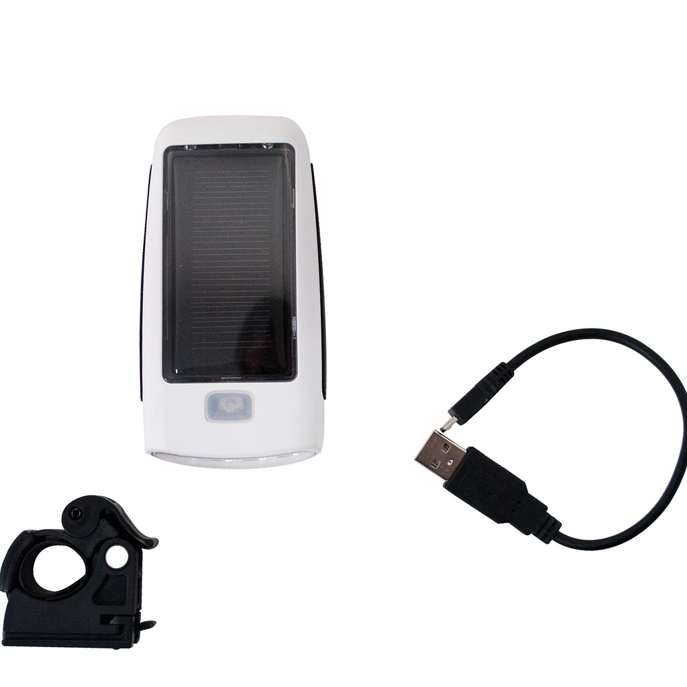 REP LUZ LED FOCO DELANTERO USB MAS CARGA SOLAR 2 MODOS CON SOPORTE Y CABLE DE CARGA REPUESTOS 17100