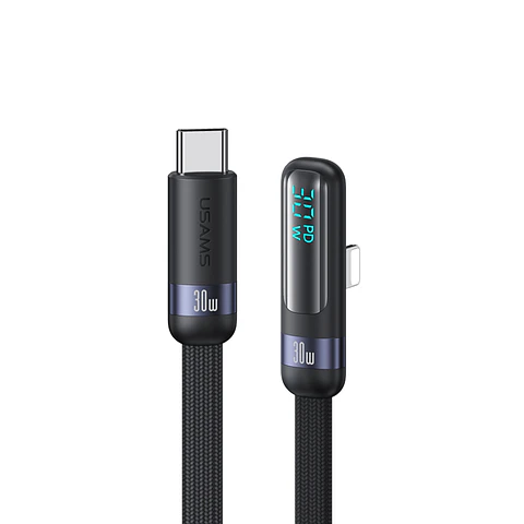 Usams US-SJ652 Cable USB TIPO-C a Lightning, Pantalla Digital, PD 30W, Codo de 90 grados, Color Negro