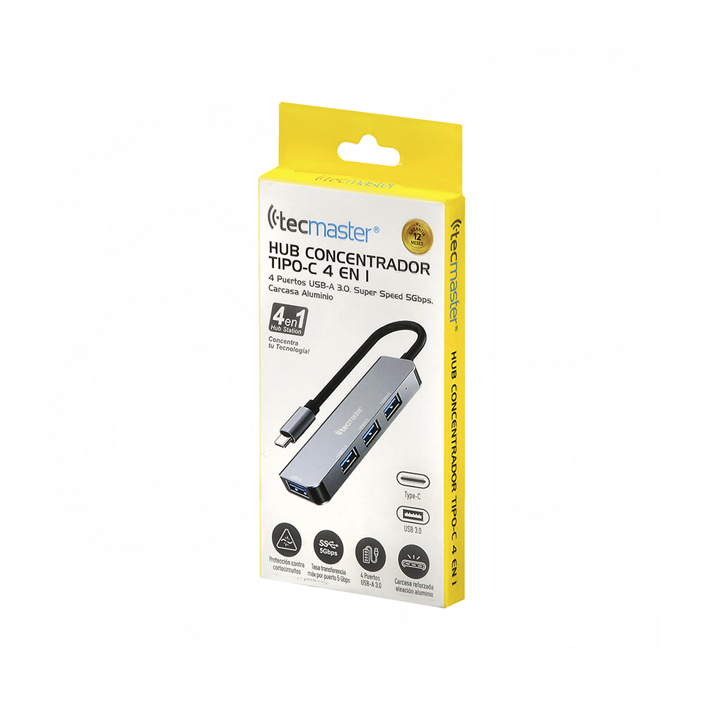 Tecmaster TM-100555 HUB USB-C 4 en 1, 4 Puertos USB-A, 5Gbps 3