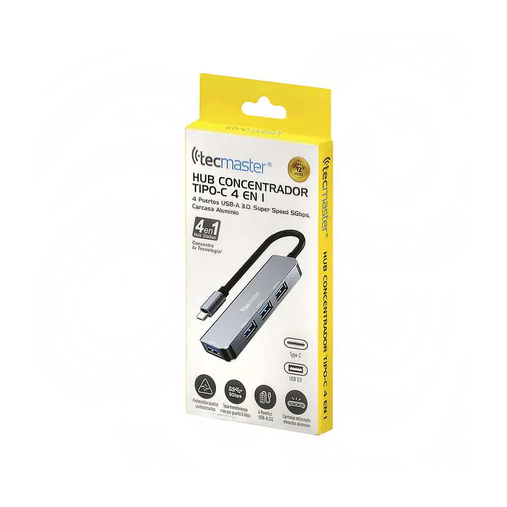Tecmaster TM-100555 HUB USB-C 4 en 1, 4 Puertos USB-A, 5Gbps 3