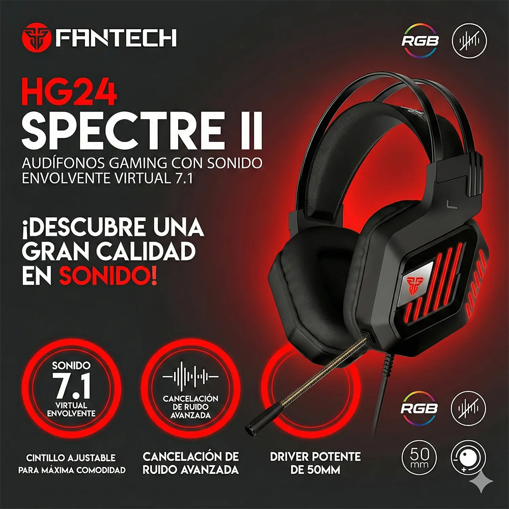 Audífono Gamer Fantech HG24 Spectre II, USB, RGB, Color Negro 6