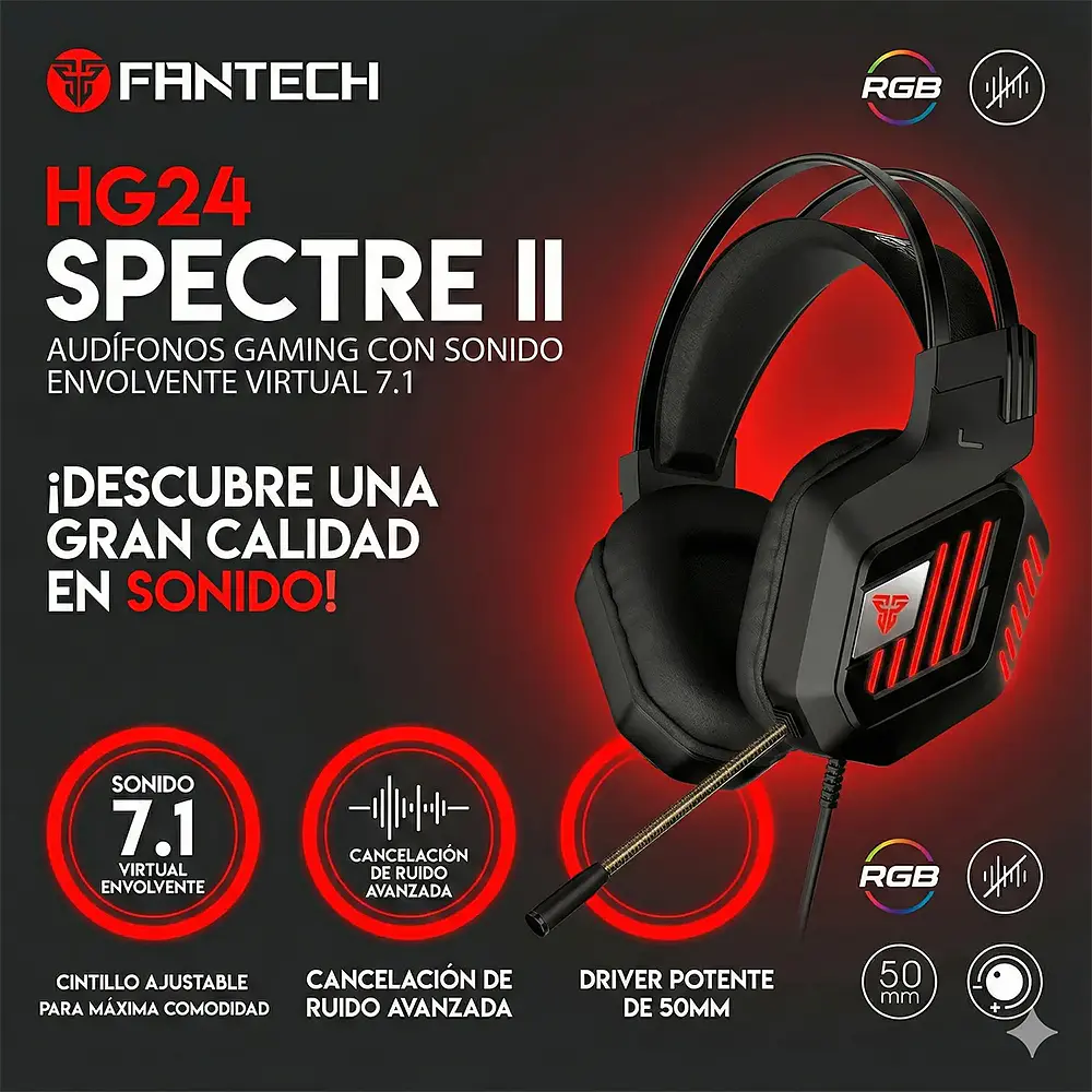 Audífono Gamer Fantech HG24 Spectre II, USB, RGB, Color Negro 6