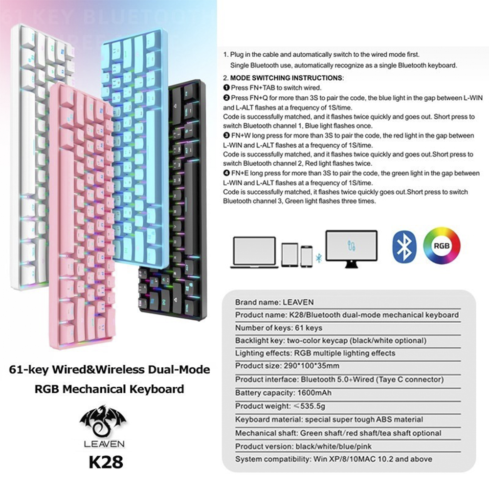 Teclado (EN) 60% Leaven K28, BT, USB-C, Switch Azul, Color Negro 5