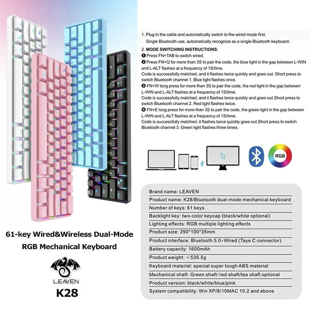 Teclado (EN) 60% Leaven K28, BT, USB-C, Switch Azul, Color Negro 5