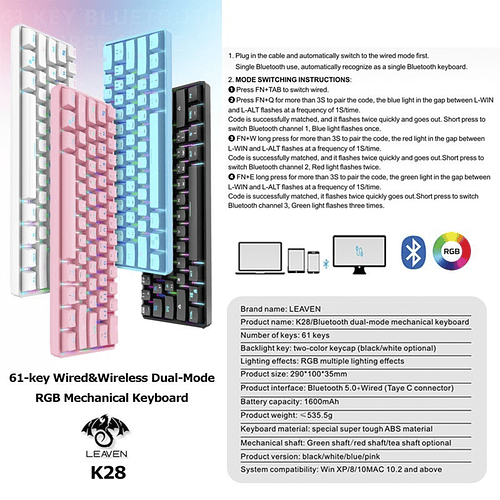 Teclado (EN) 60% Leaven K28, BT, USB-C, Switch Azul, Color Negro 5