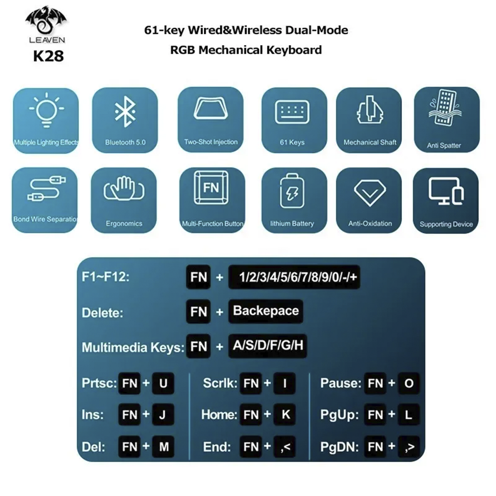 Teclado (EN) 60% Leaven K28, BT, USB-C, Switch Azul, Color Azul 4