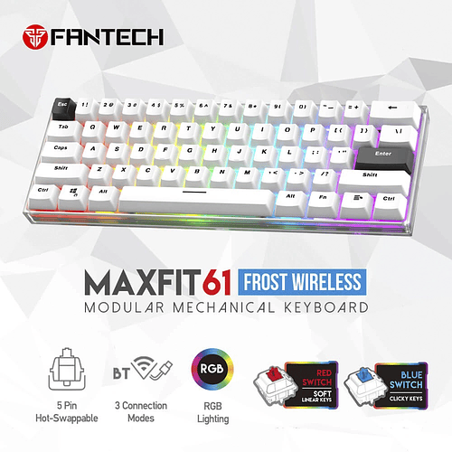 Teclado Gamer 60% inalambrico Fantech MAXFIT61 Frost RGB MK857, Color Blanco, Switch Azul (EN) 5