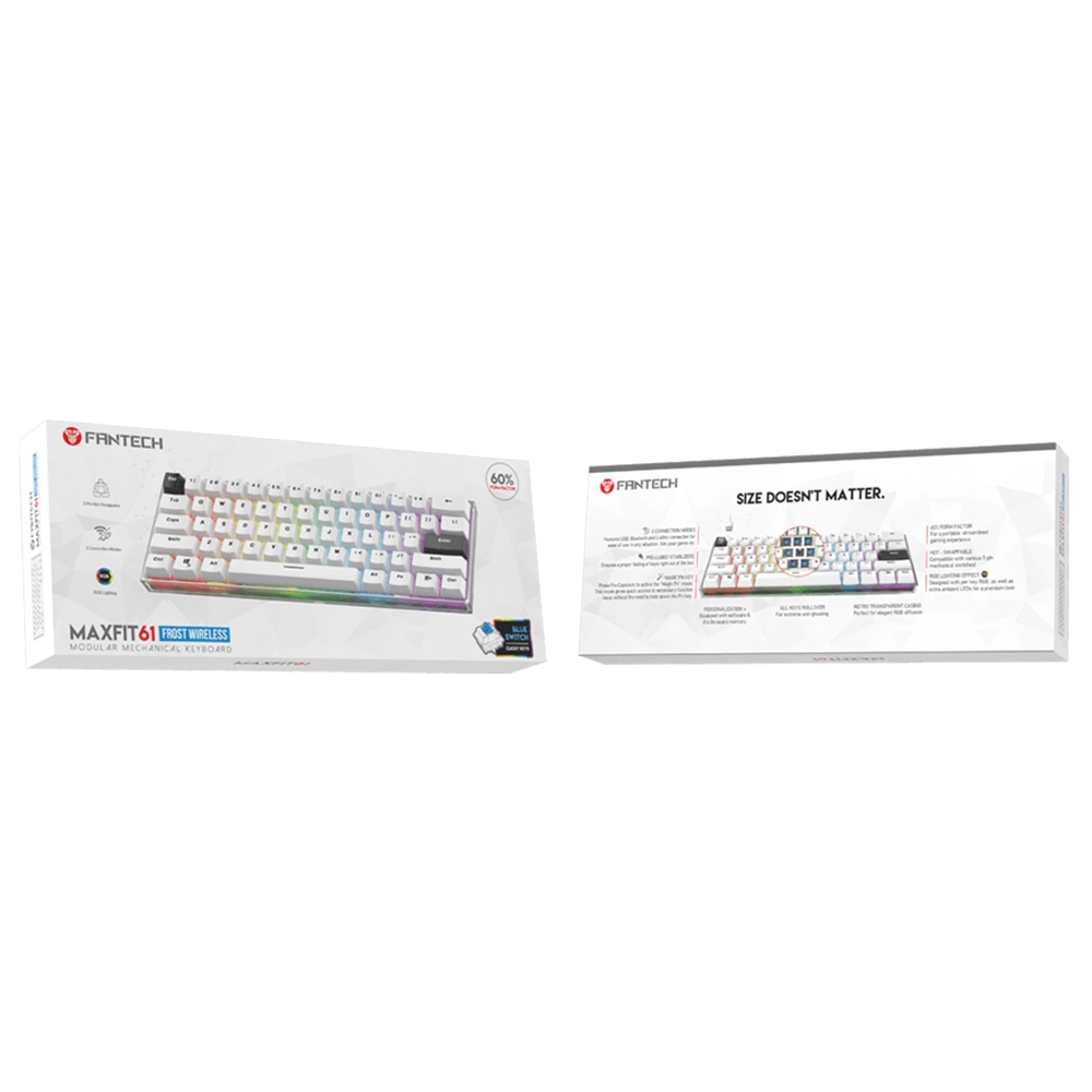 Teclado Gamer 60% inalambrico Fantech MAXFIT61 Frost RGB MK857, Color Blanco, Switch Azul (EN) 4