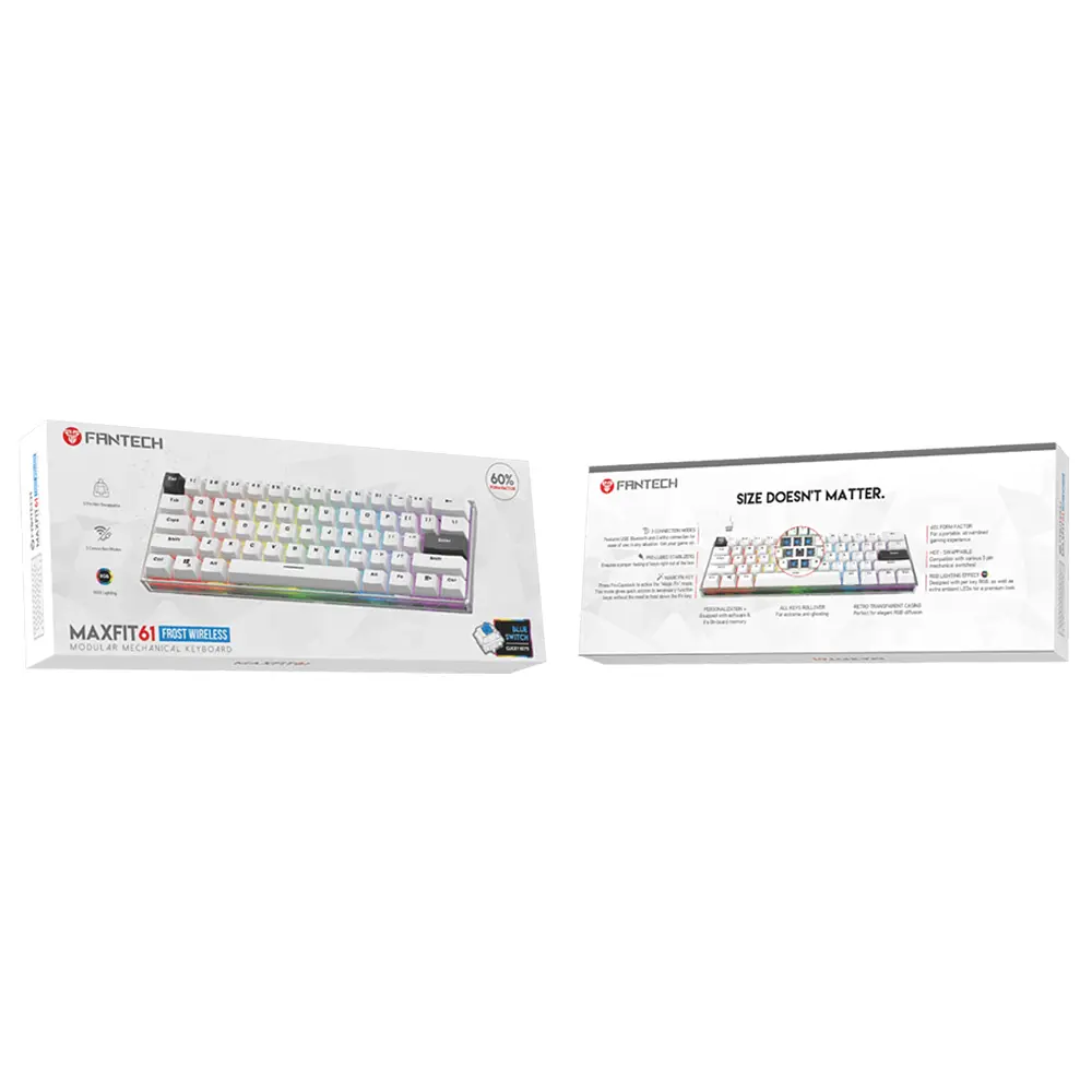 Teclado Gamer 60% inalambrico Fantech MAXFIT61 Frost RGB MK857, Color Blanco, Switch Azul (EN) 4