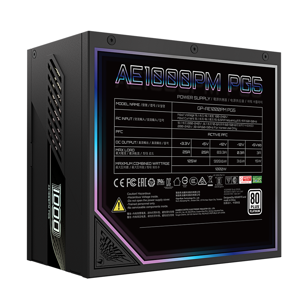 Fuente de Poder Gigabyte Aorus Elite P1000W 80+ Platinum, Modular, PCIe 5.0, Color Negro 5