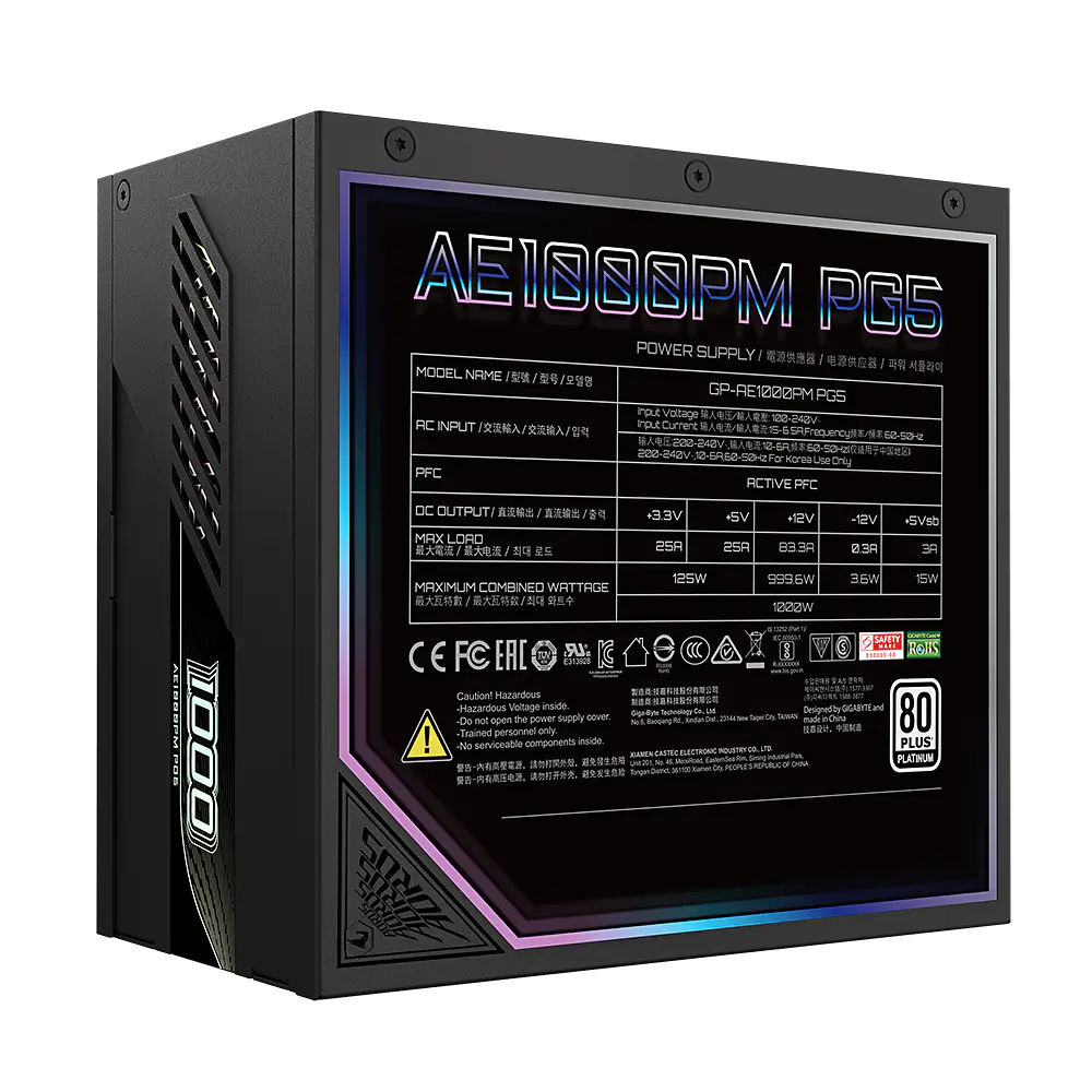 Fuente de Poder Gigabyte Aorus Elite P1000W 80+ Platinum, Modular, PCIe 5.0, Color Negro 5