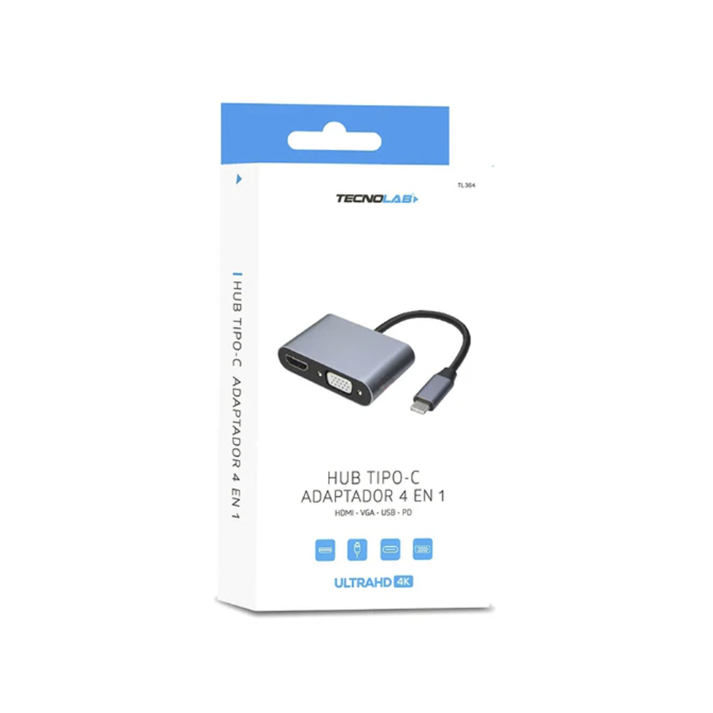 Adaptador HUB Tecnolab TL364, USB-C A HDMI 4K@30Hz, VGA FHD 60Hz 2