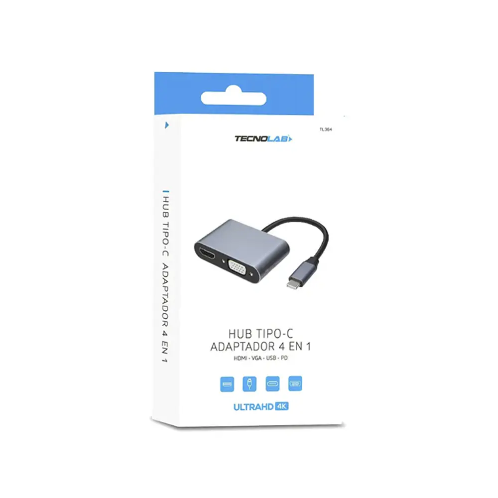 Adaptador HUB Tecnolab TL364, USB-C A HDMI 4K@30Hz, VGA FHD 60Hz 2
