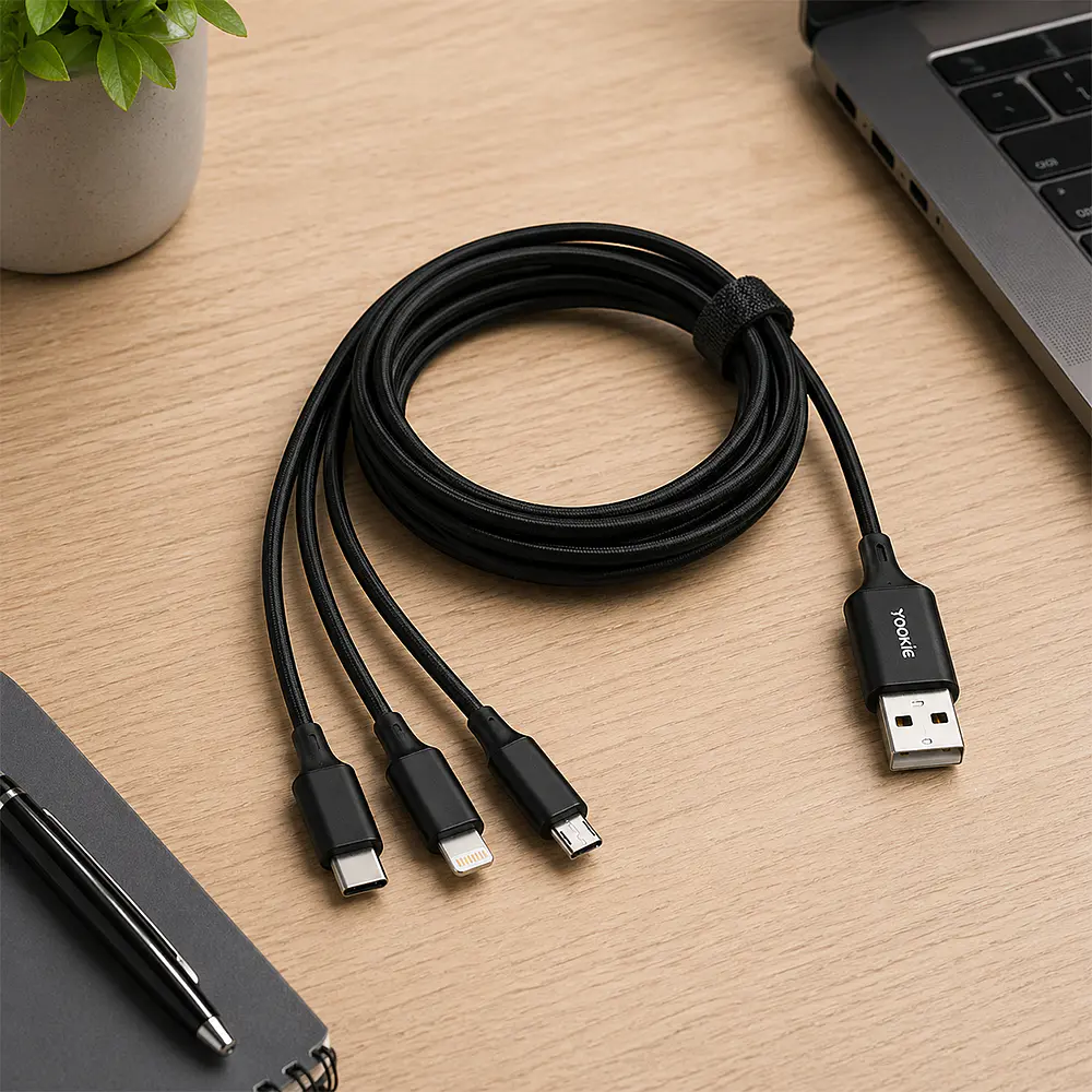 Cable 3 en 1 Yookie ECO6, Micro USB + Lightning + USB-C, 1 Metro 2