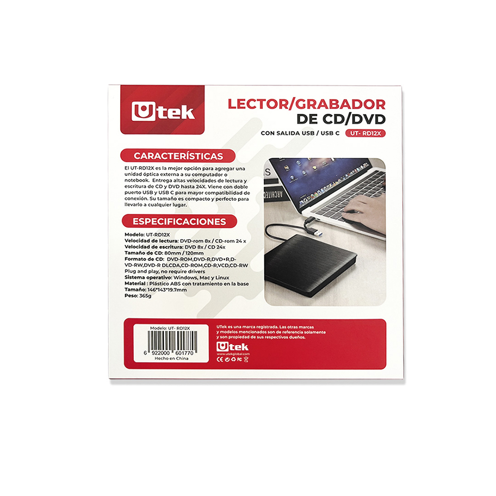 Lector y Grabador Externo de CD/DVD Dual USB-A / USB-C Utek UT-RD12X 3