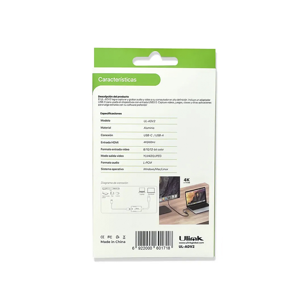 Tarjeta Capturadora de Video HDMI 4K a USB C / USB3.0 / Ulink UL-ADV2 3
