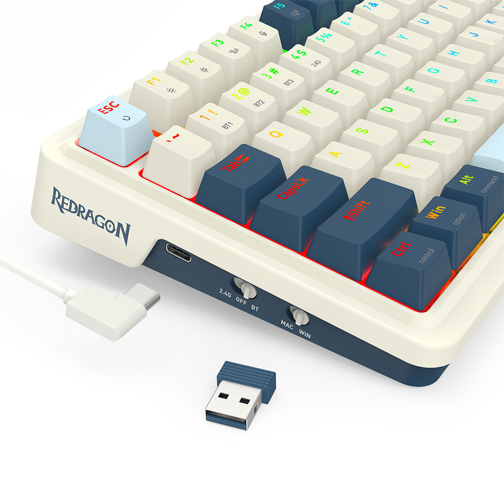 Teclado (ES) Gamer Redragon Eisa Pro K686, inalámbrico, Switch Rojo, Color Blanco y Azul 3