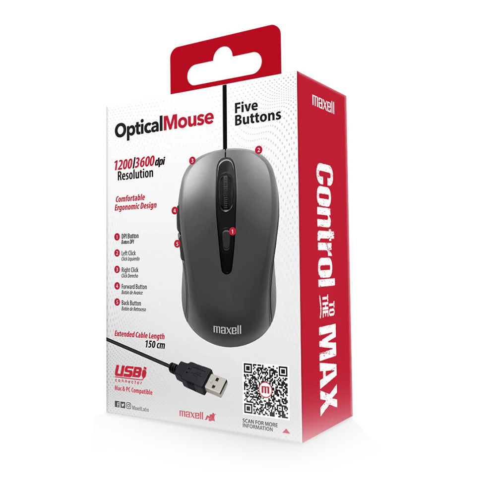 Mouse Con Cable Maxell MOWR-105, 5 botones, Color Gris 4
