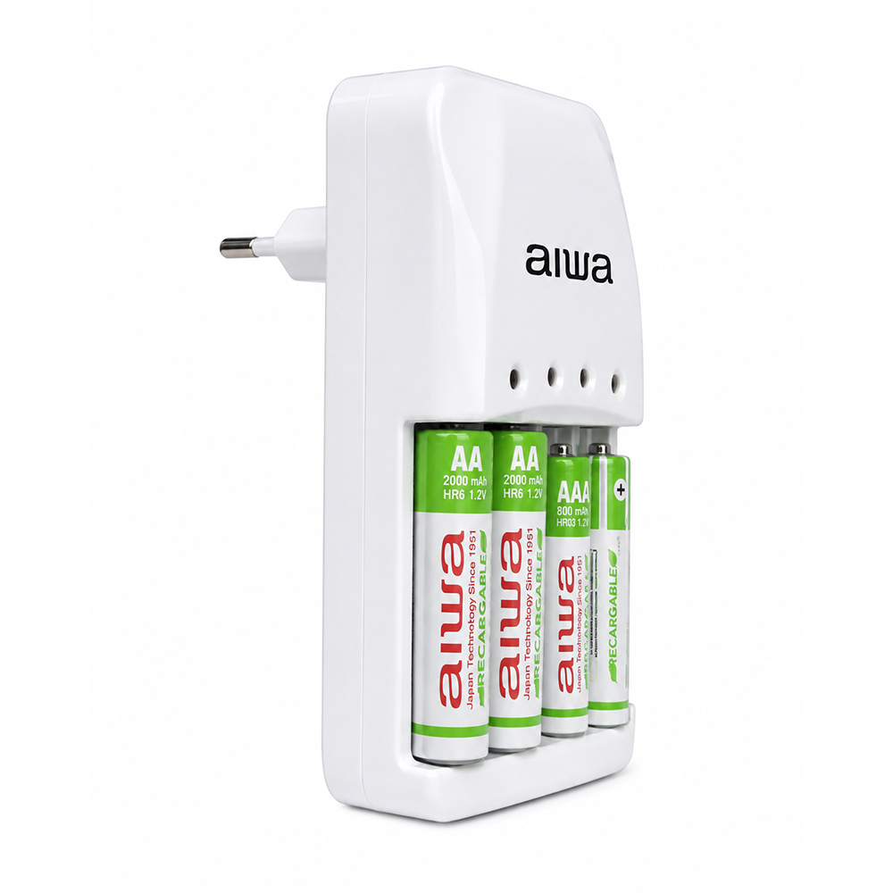 Cargador de Pilas Aiwa BC-0905A AA/AAA con 2 Pilas AA 2000 mAh y 2 Pilas AAA 800 mAh 3