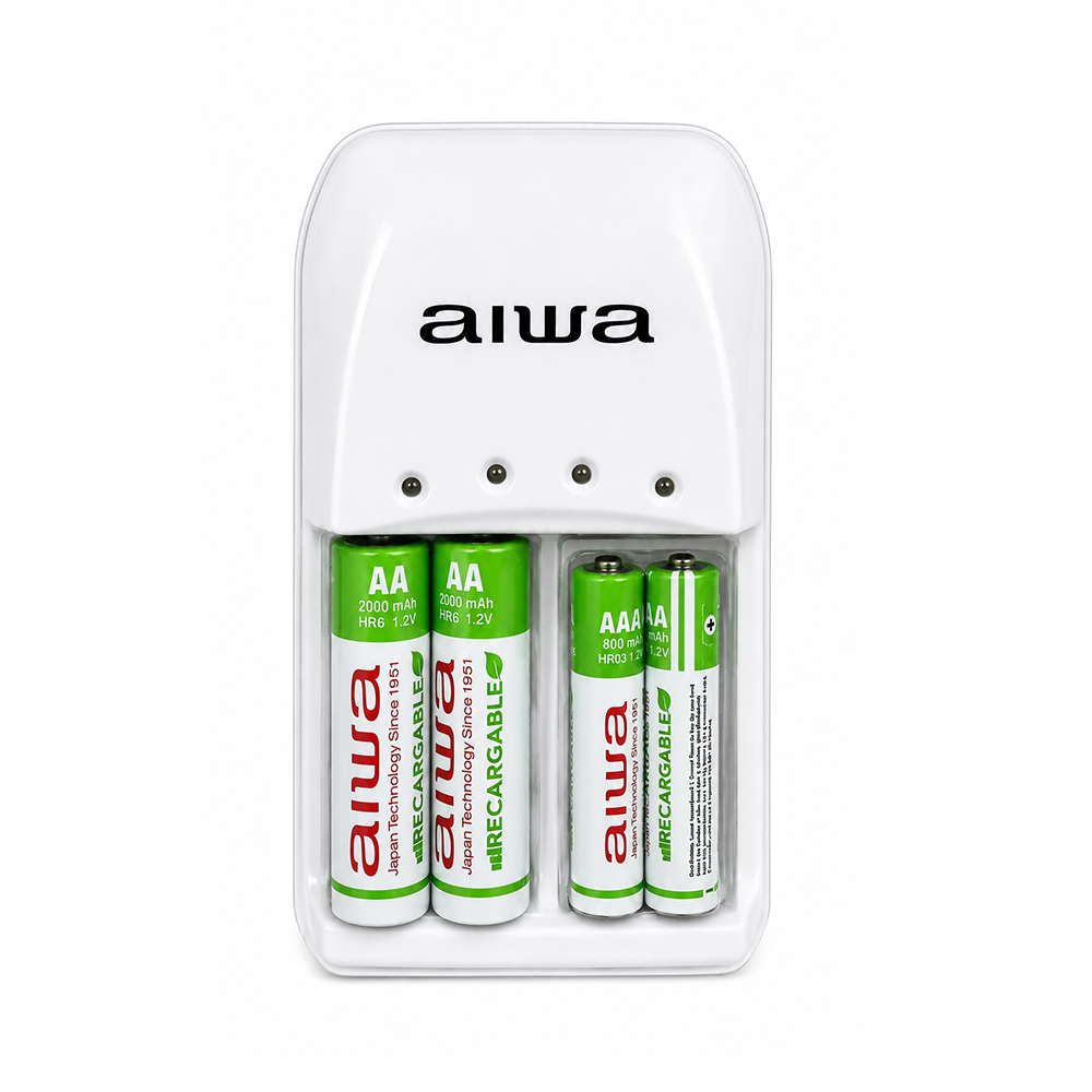 Cargador de Pilas Aiwa BC-0905A AA/AAA con 2 Pilas AA 2000 mAh y 2 Pilas AAA 800 mAh 2
