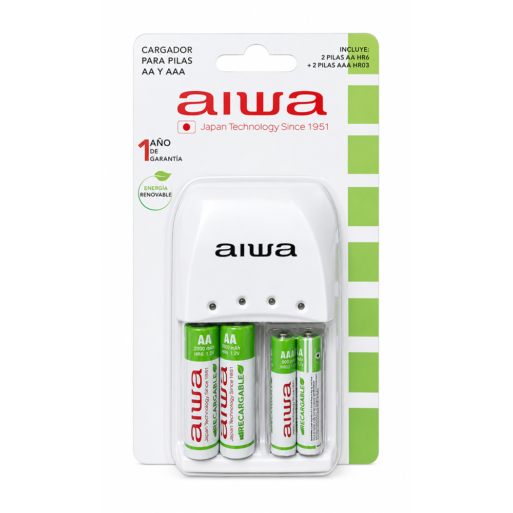 Cargador de Pilas Aiwa BC-0905A AA/AAA con 2 Pilas AA 2000 mAh y 2 Pilas AAA 800 mAh 1