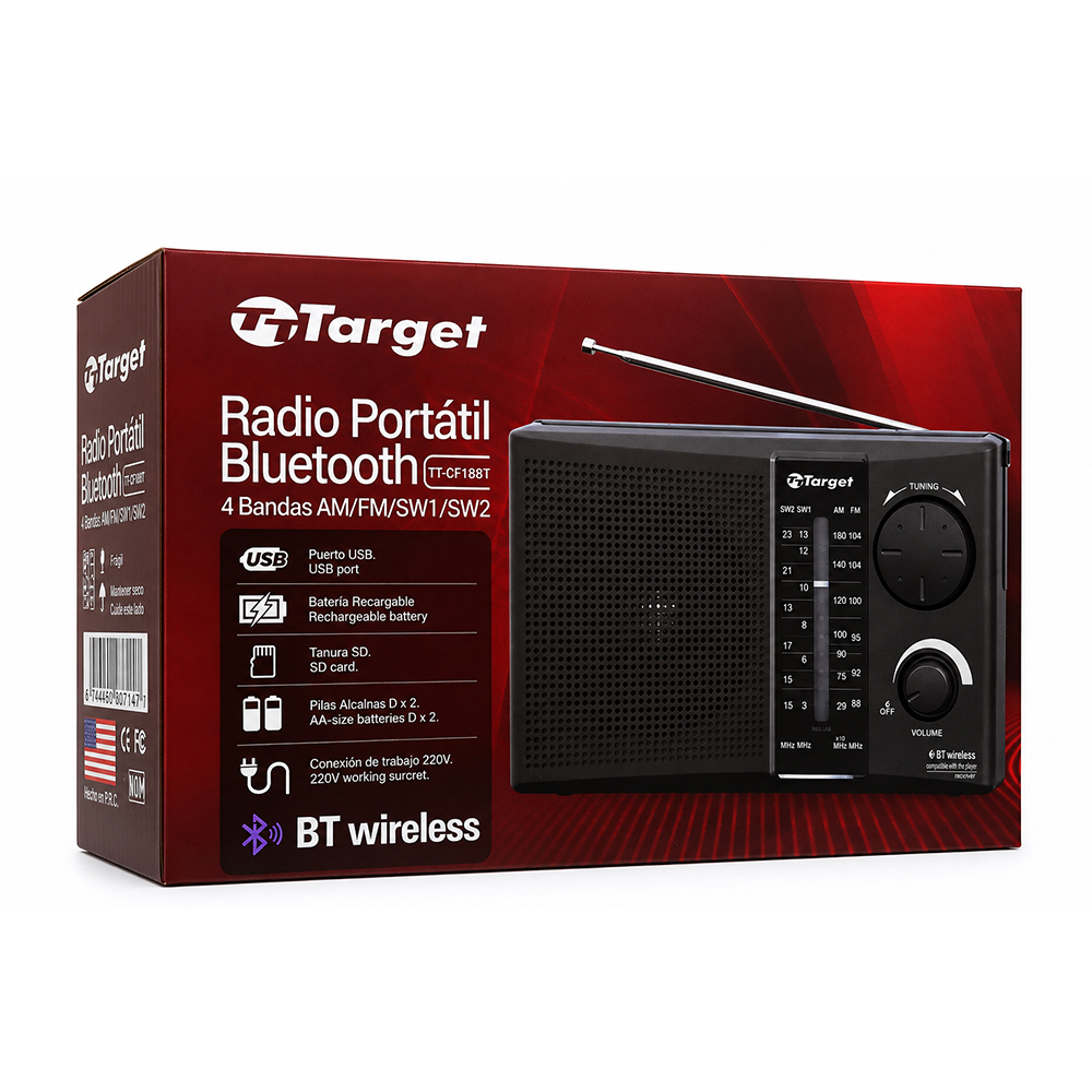 Radio Portátil Bluetooth Target TT-CF18BT 4 Bandas AM/FM/SW USB Micro SD Recargable 4