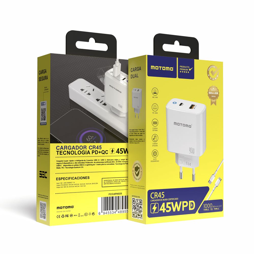 Cargador de Pared Motomo CR45W Power Delivery 45W USB-C + USB-A con Cable USB-C 4