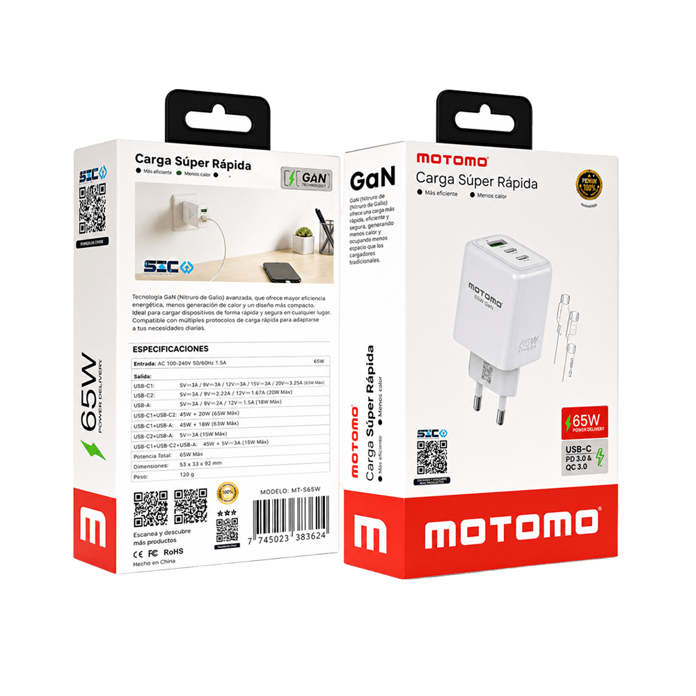 Cargador de Pared Motomo GaN 65W Triple Puerto USB-C + USB-C + USB-A Power Delivery con Cable USB-C 4