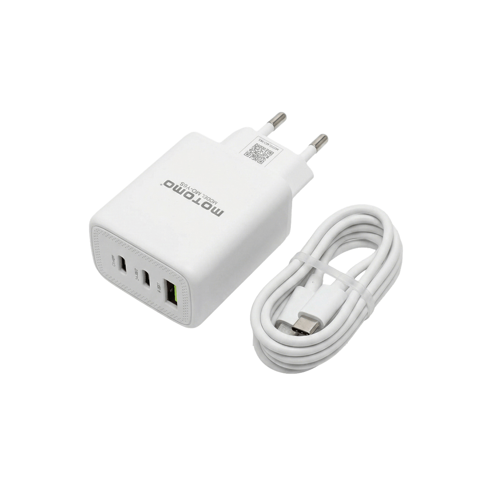 Cargador de Pared Motomo GaN 65W Triple Puerto USB-C + USB-C + USB-A Power Delivery con Cable USB-C 1