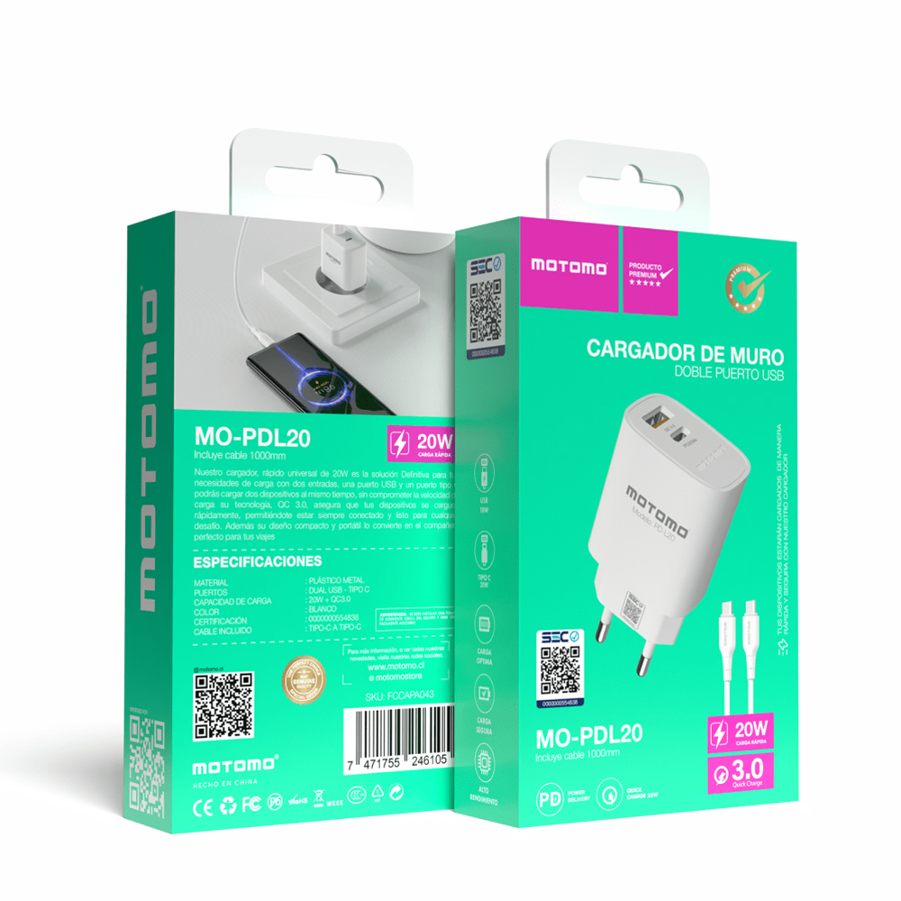 Cargador de Pared Motomo PD-L20 20W USB-C + USB-A con Cable Tipo C a Tipo C 4