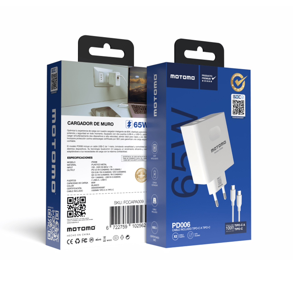 Cargador de Pared Motomo PD006 65W USB-C + USB-A Power Delivery Carga Rápida 4