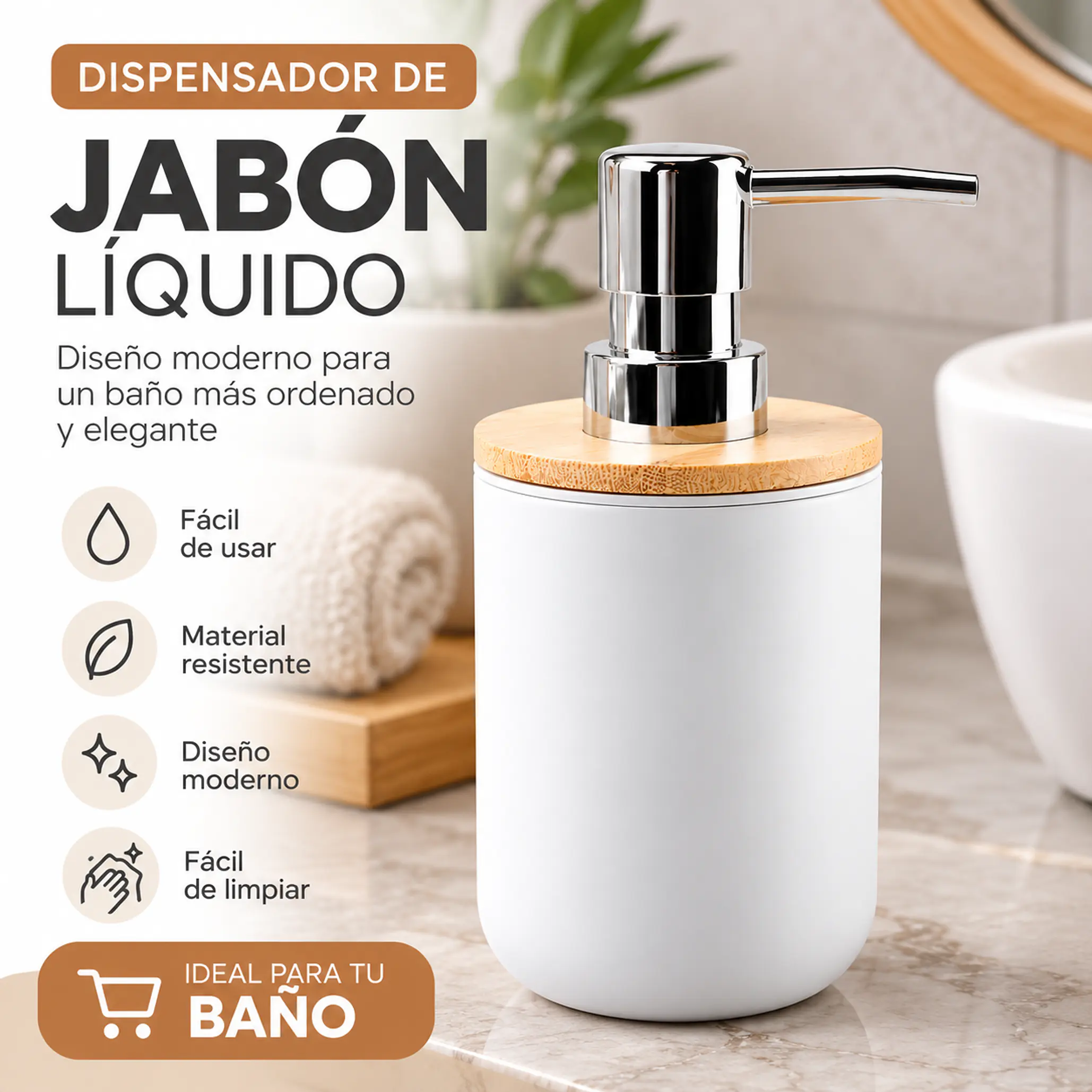 Jabonera dispensador de jabón de 250ml para baño tipo bambú  1