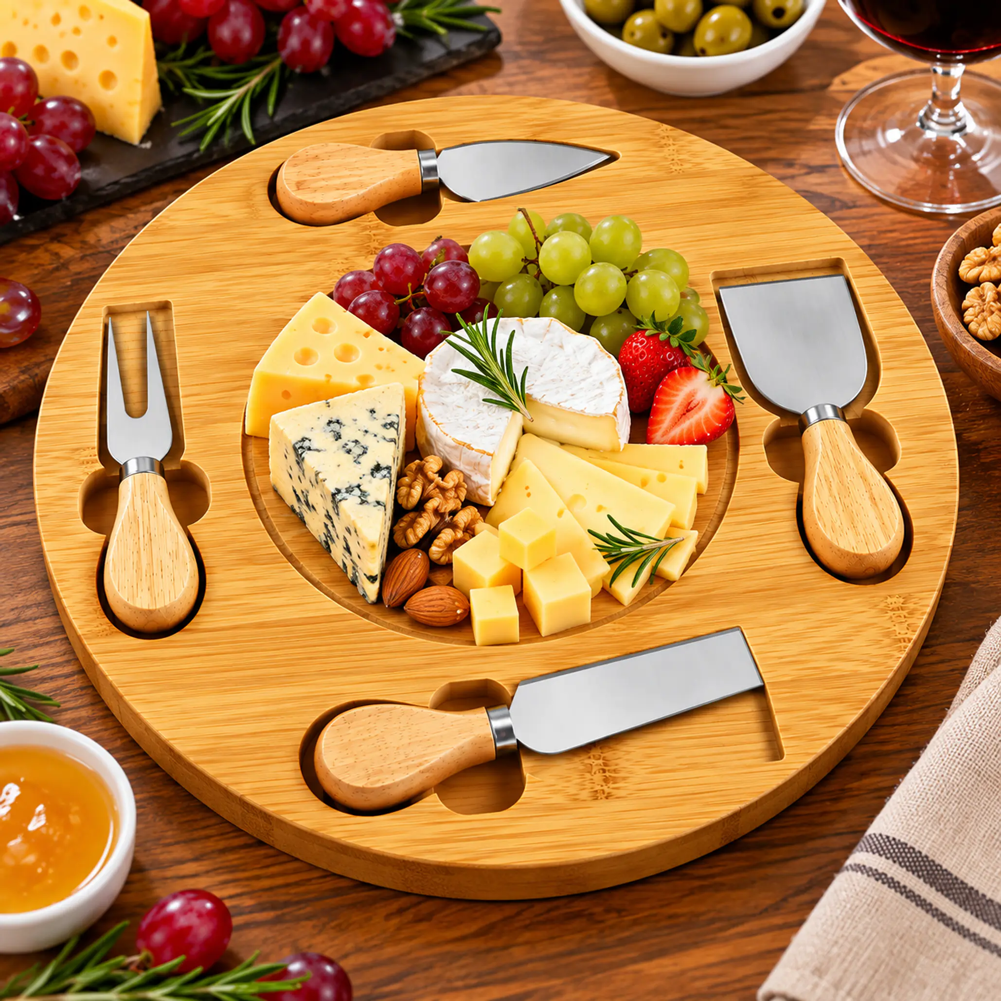 Tabla de quesos gourmet con utensilios de bambú 1